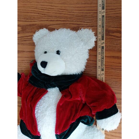 A Mart Plush White Teddy Bear Red Velvet Jacket Scarf Bell Holiday Decor Toy - Picture 8 of 9